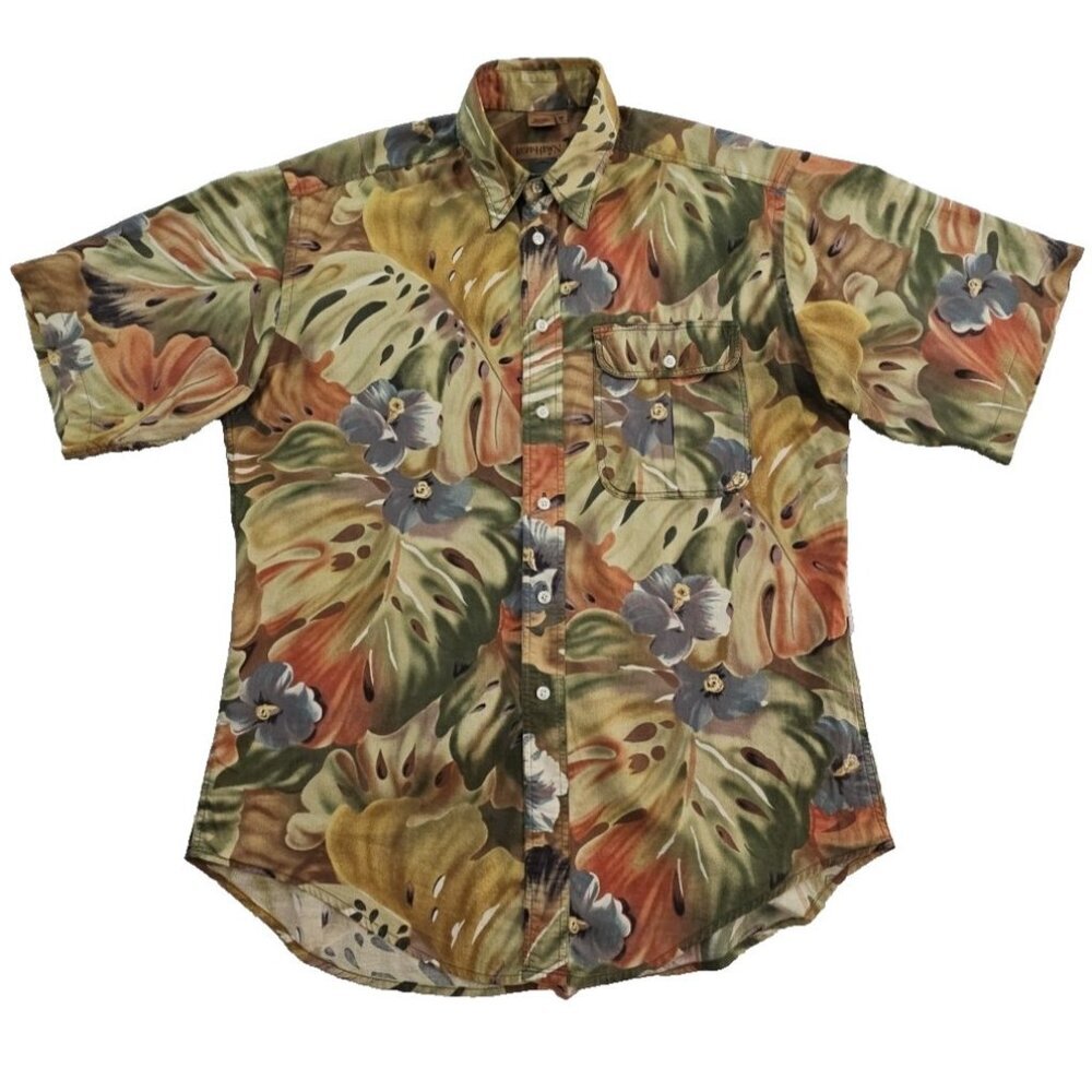 Ruff Hewn Hawaiian Shirt‎ Men's M Green Tropical Floral Print EUC Short Sleeve
